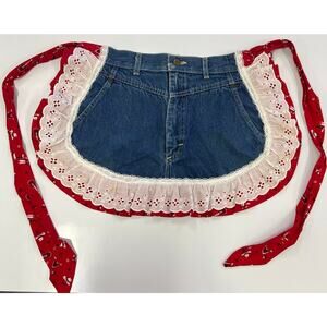 Vintage Homemade Apron Denim -  Lace & Red Western Ruffle Waist one of a Kind